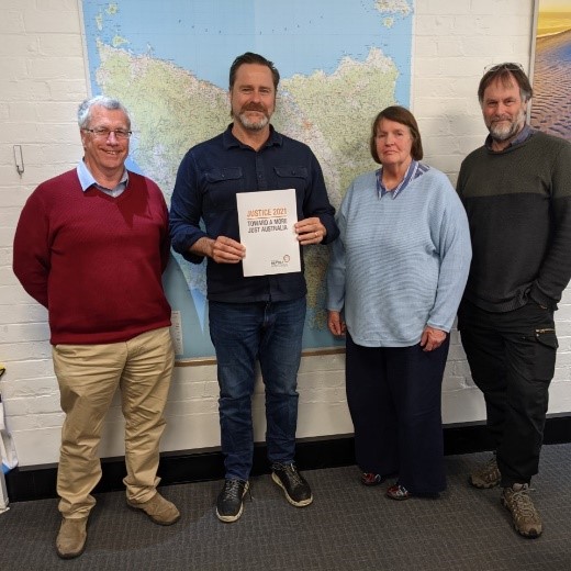Receiving the Australian Baptist Justice 2021 report in Launceston with Jeff McKinnon, Kay Hunter and Stephen Avery
